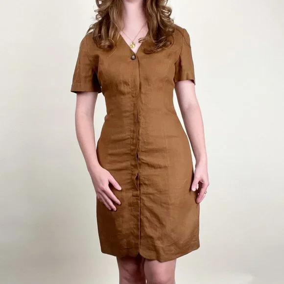 Vintage Linen Mini Midi Dress Short Sleeve Preppy Rustic Casual Button Up Down - Picture 5 of 5